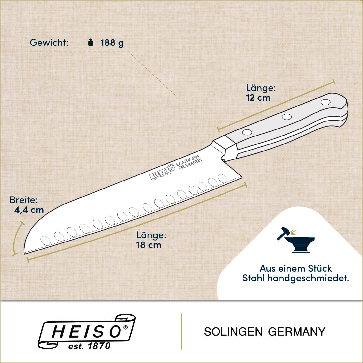 Santokumesser 18 cm, handgeschmiedet in Solingen
