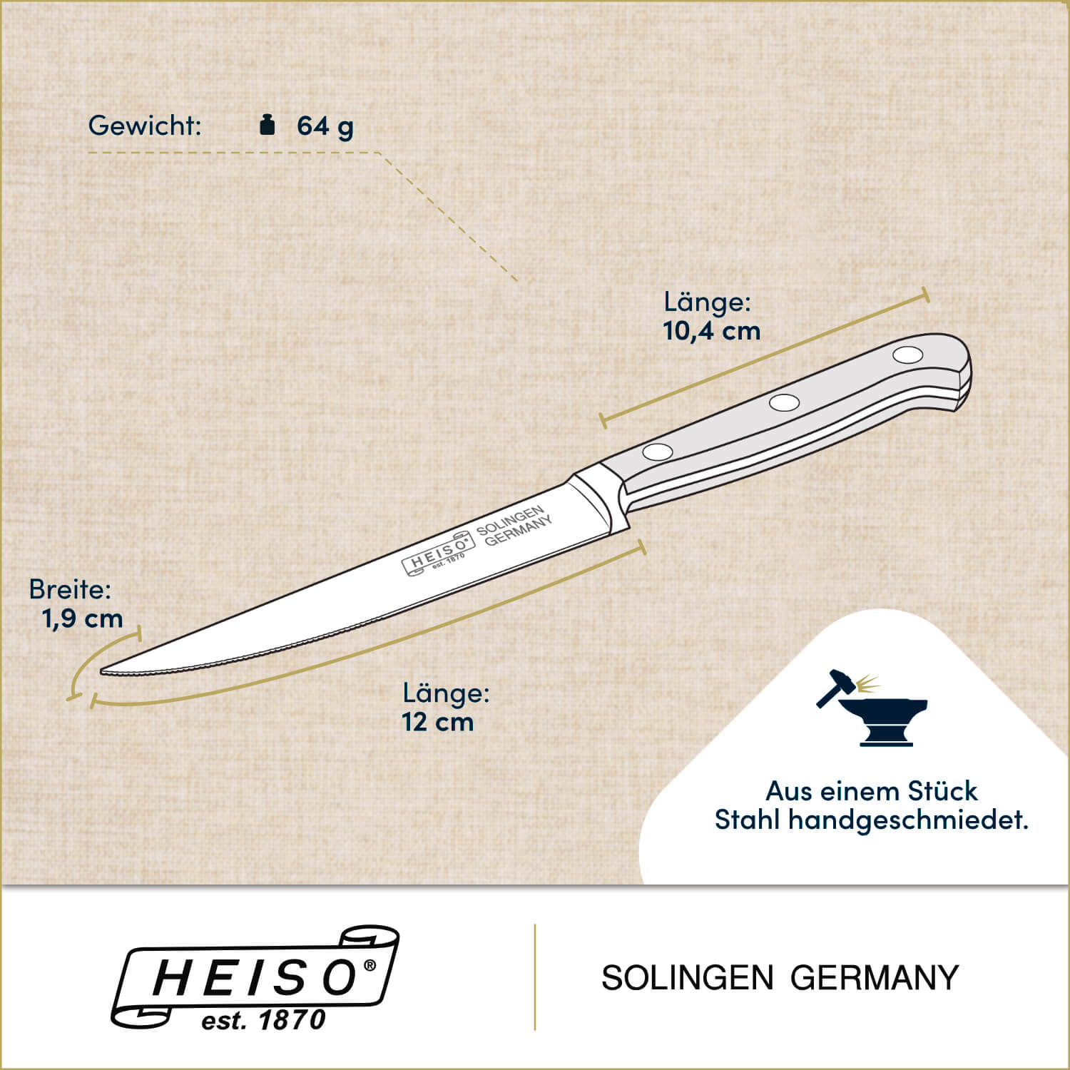 Steakmesser 12 cm, handgeschmiedet in Solingen